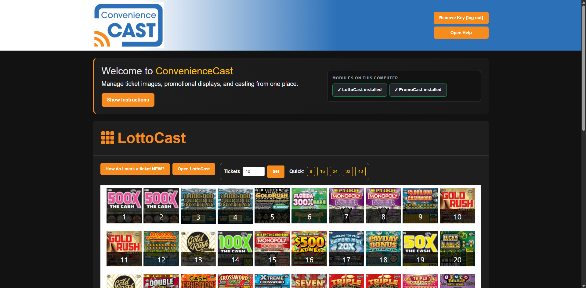 ConvenienceCast dashboard with LottoCast and PromoCast controls