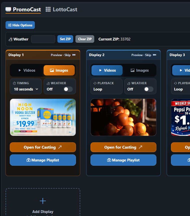 PromoCast promotional display controls