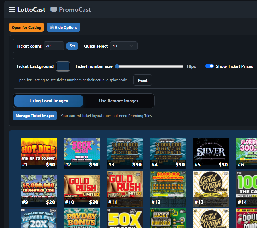 LottoCast numbered scratch-off ticket display