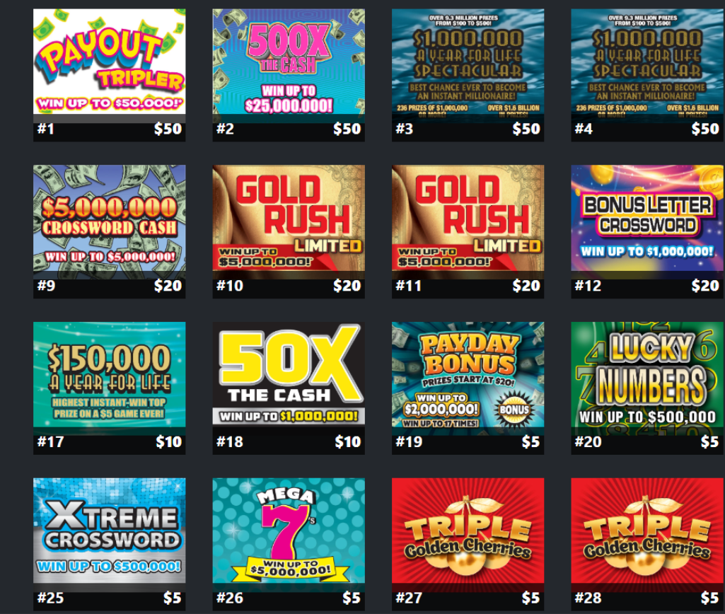 LottoCast displaying a numbered grid of scratch-off tickets
