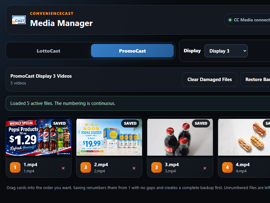 ConvenienceCast Media Manager showing a PromoCast playlist