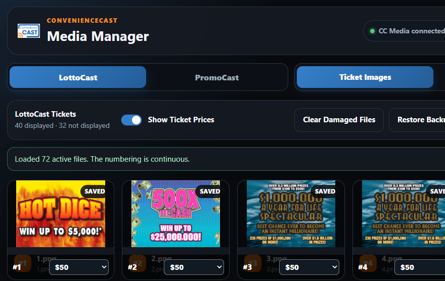 LottoCast ticket images in ConvenienceCast Media Manager